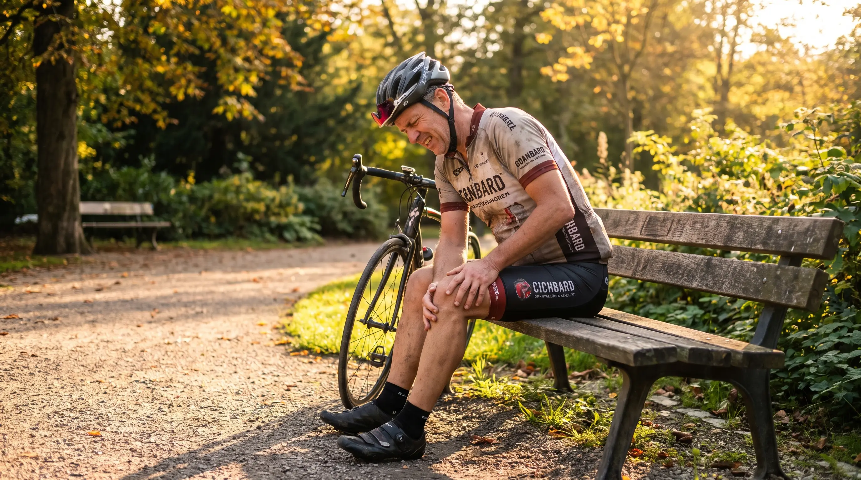 Cyclist dealing with knee pain on a climb